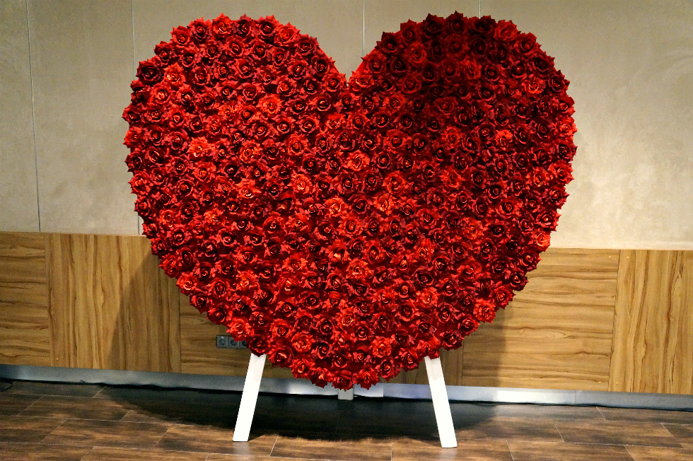 Большое сердце более чем из 300 алых роз на свадьбу, Минск. Размеры сердца: высота 2 метра, ширина 2,4 метра. Сердце стоит на трех белых ножках.
