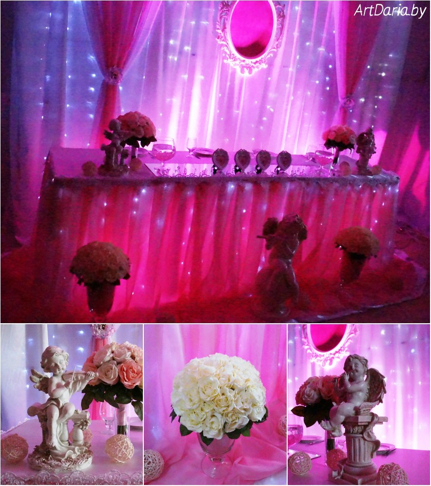 Свадебное оформление зала тканью с подсветкой, декором и цветами