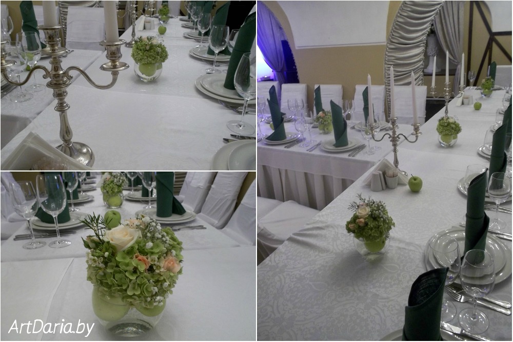 Декор стола молодых, столика для дарения, ширмы,  свадебной арки в стиле зеленое яблоко.